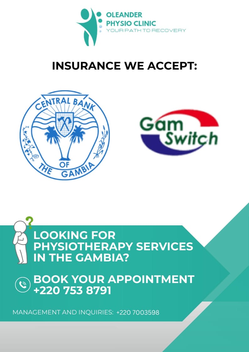 Oleander Physio Clinic insurance accepted poster featuring Central Bank of The Gambia and GamSwitch