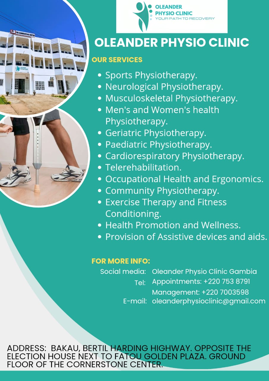 Oleander Physio Clinic services overview poster with clinic address and contact details